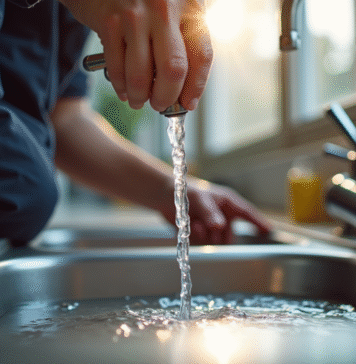 Plombier inspectant un évier de cuisine avec eau en marche