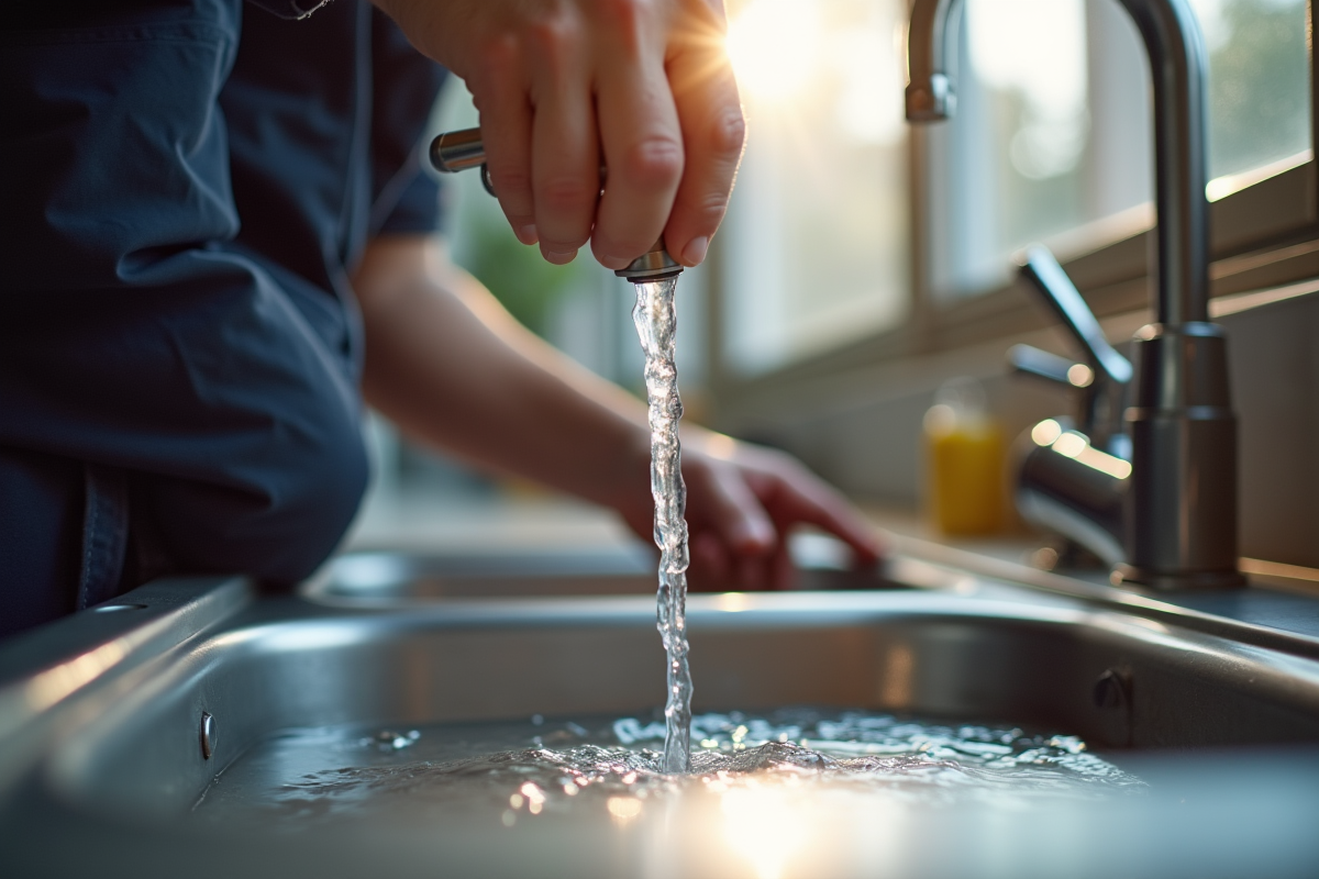 Plombier inspectant un évier de cuisine avec eau en marche