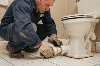 Plombier inspectant un raccord de tuyau d'évacuation mal posé sous un WC dans une salle de bain résidentielle