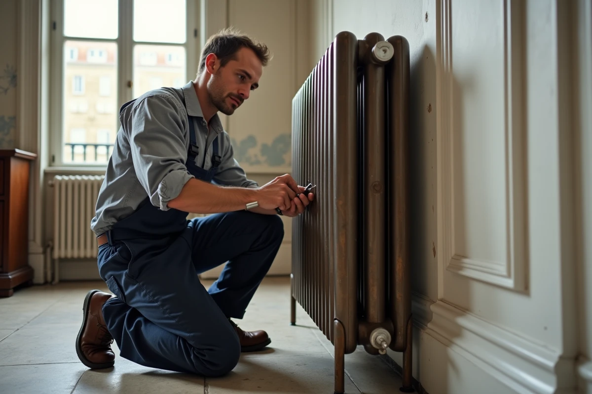 Plombier installant un pied réglable sous un vieux radiateur fonte dans un appartement parisien
