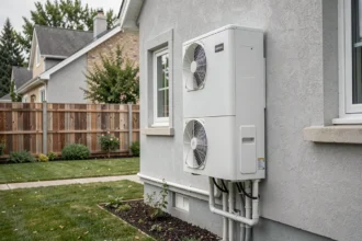 Pompe à chaleur air-air installée sur la façade extérieure d'une maison de 80 m²