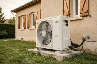 Pompe à chaleur air-eau installée sur le mur extérieur d'une maison de 150m2 avec jardin