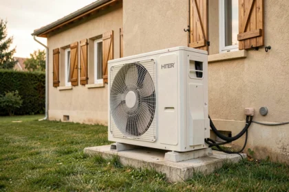 Pompe à chaleur air-eau installée sur le mur extérieur d'une maison de 150m2 avec jardin