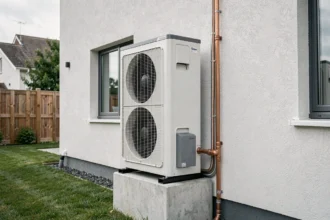 Pompe à chaleur Vaillant installée en extérieur sur le mur d'une maison contemporaine avec tuyauterie cuivrée