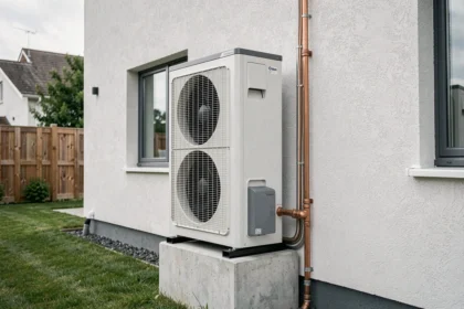 Pompe à chaleur Vaillant installée en extérieur sur le mur d'une maison contemporaine avec tuyauterie cuivrée