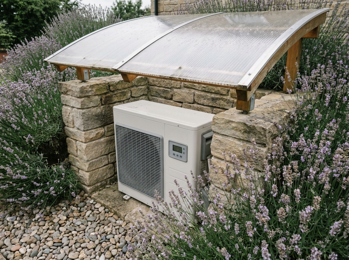 Pompe à chaleur abritée sous un auvent en polycarbonate intégré dans un alcôve en pierre naturelle entouré de lavande et galets