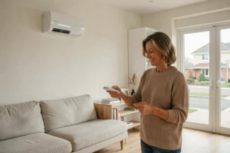 Femme utilisant la télécommande d'une pompe à chaleur air/air murale dans un salon moderne