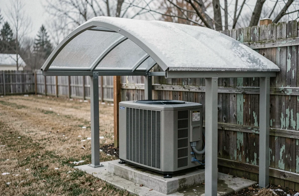 Pompe à chaleur couverte d'un toit en polycarbonate sous la neige dans un jardin en hiver