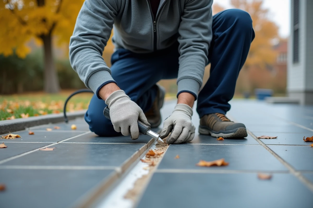 Artisan carreleur appliquant un joint de dilatation souple sur une terrasse en carrelage extérieur en automne