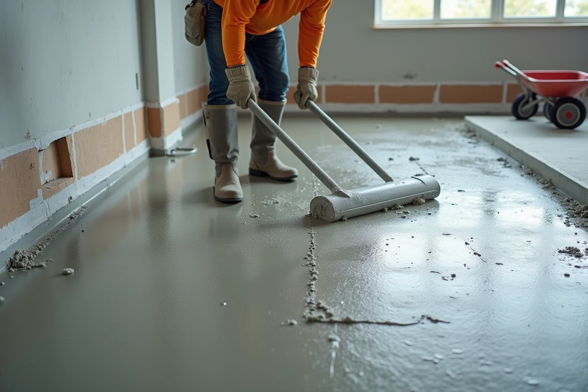 Pose et nivellement d'une chape ciment fraîche sur un chantier de rénovation intérieure