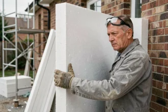 Ouvrier posant des panneaux d'isolation extérieure en polystyrène expansé sur le mur d'une maison