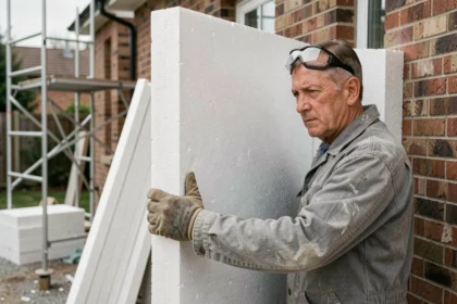 Ouvrier posant des panneaux d'isolation extérieure en polystyrène expansé sur le mur d'une maison