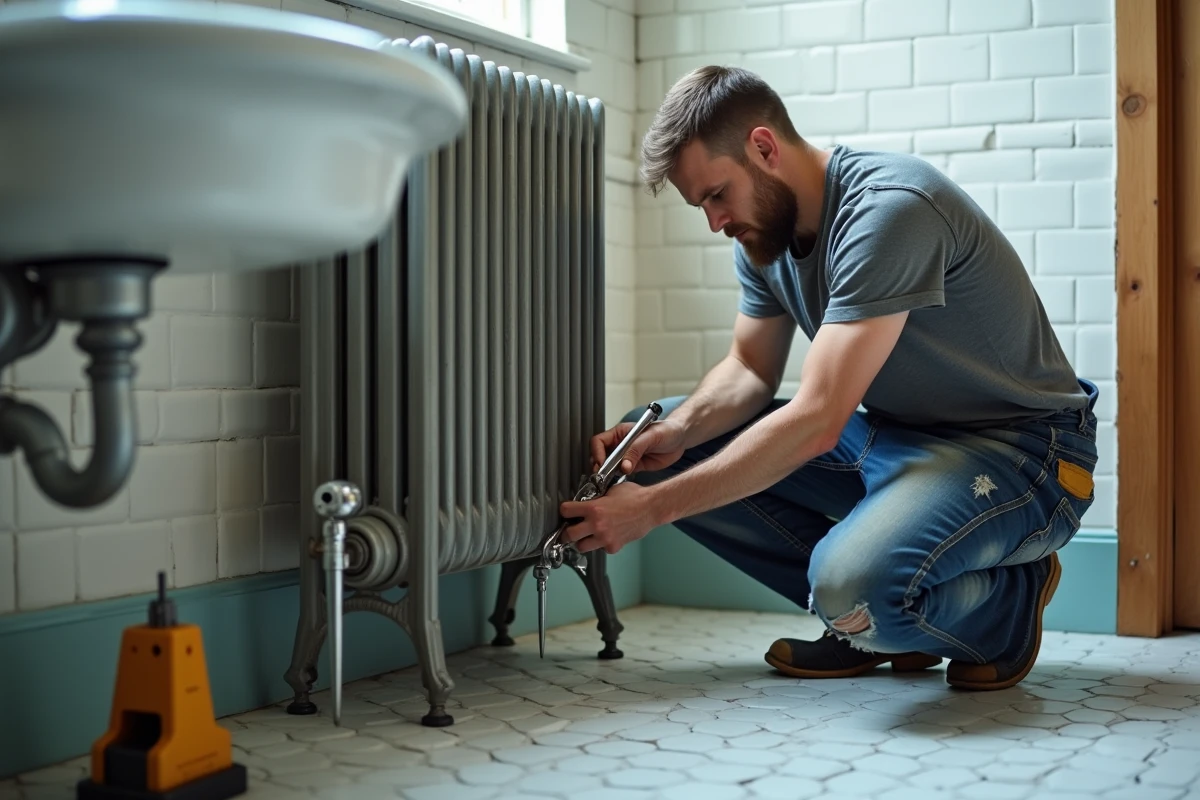 Personne en train de poser un pied de radiateur fonte ancien dans une salle de bain avec carrelage métro