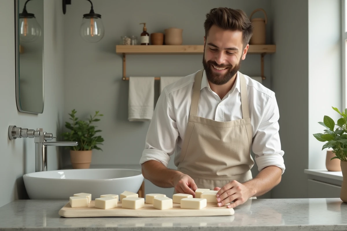 Jeune homme disposant des mini savons dans la salle de bain