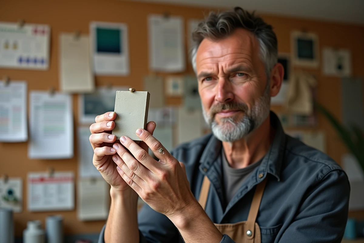 Potier comparant un carreau test d'émail avec un tableau de référence dans un atelier de céramique