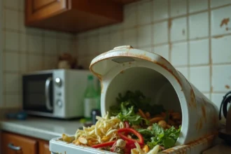 Poubelle de cuisine débordante de déchets organiques attirant les mouches et larves