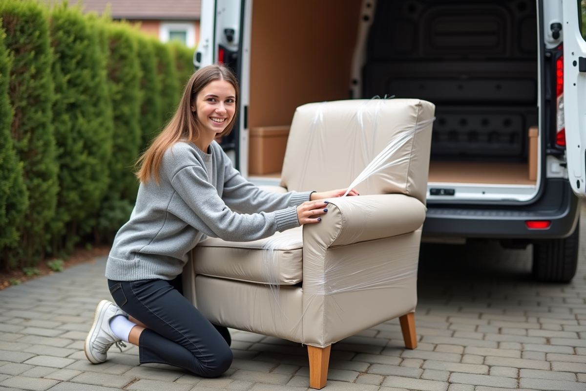 Jeune femme sécurisant un fauteuil pour le déménagement dehors