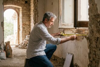 Homme mesurant un encadrement de fenêtre avec un mètre ruban dans une maison en rénovation, prise de mesures sur-mesure