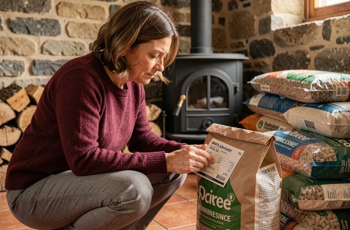 Femme examinant le prix d'un sac de pellets de bois dans une buanderie rustique avec poêle à granulés
