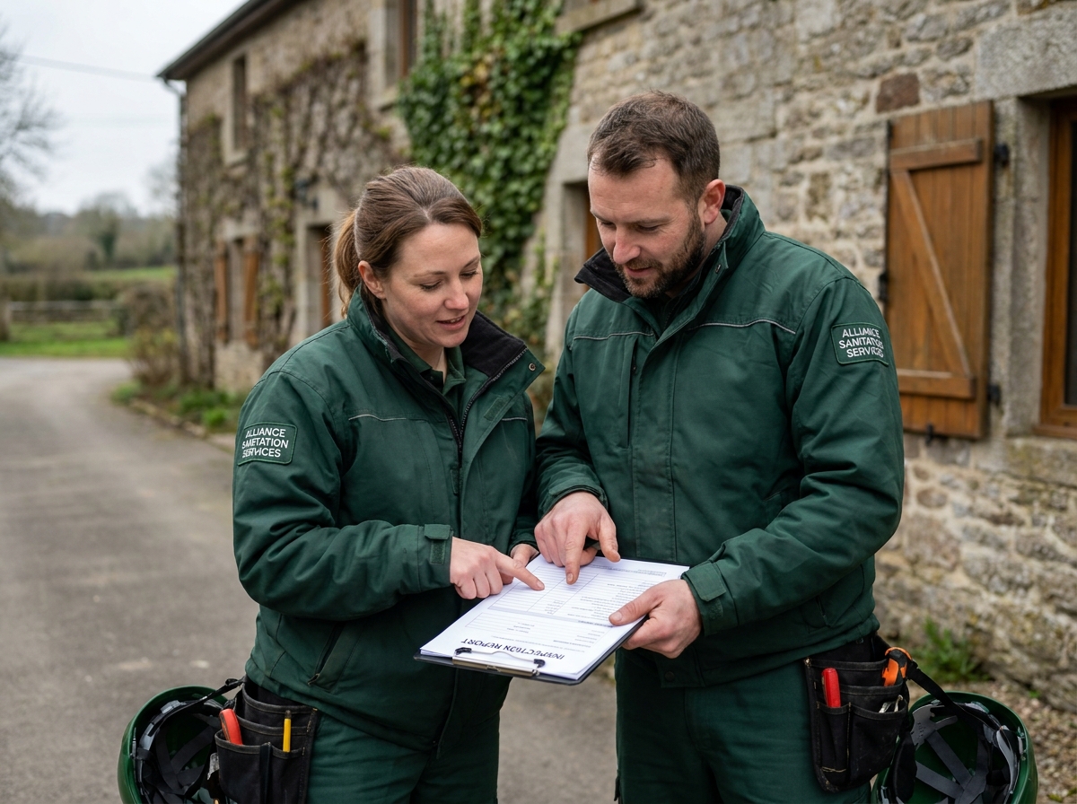 Deux professionnels de la vidange fosse septique examinant un rapport d'inspection devant une maison de campagne française