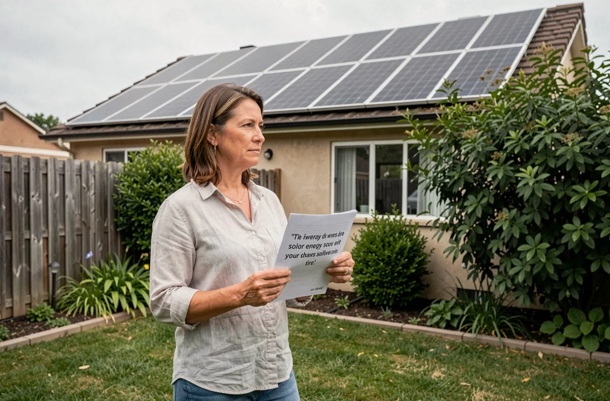 Propriétaire étudiant un devis de panneaux solaires Sillia dans son jardin avec installation visible sur le toit