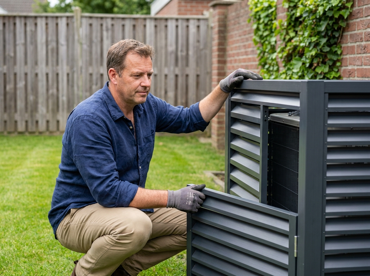Propriétaire inspectant l'enclosure en aluminium de sa pompe à chaleur dans un jardin résidentiel entretenu