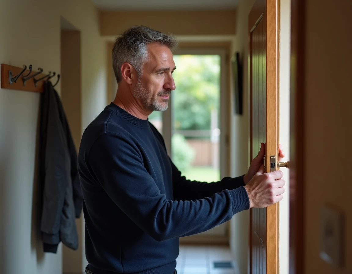 Propriétaire vérifiant la sécurité de sa porte d'entrée dans le cadre d'une assurance habitation