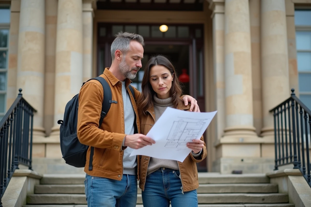 Couple de propriétaires consultant le PLU devant la mairie pour une question de conformité de clôture