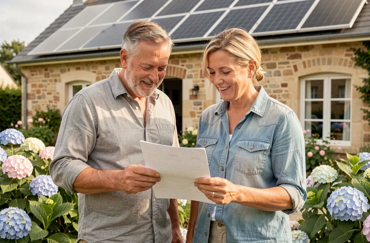 Couple de propriétaires nantais consultant un devis pour l'installation de panneaux solaires devant leur maison