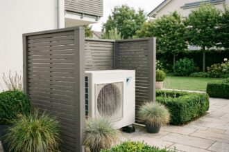 Pompe à chaleur extérieure protégée par un claustra en bois anthracite entouré de végétation ornementale sur une terrasse en pierre naturelle