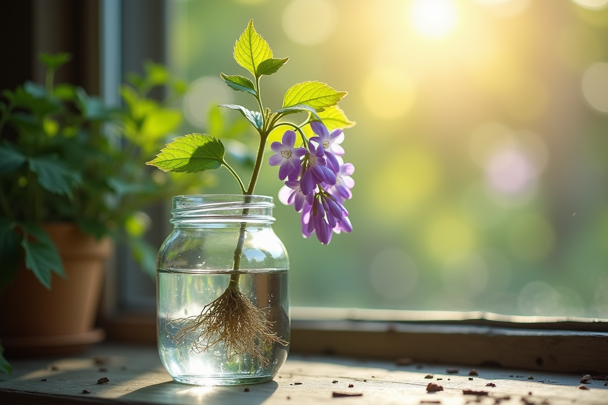 Racines de glycine émergentes dans un verre d