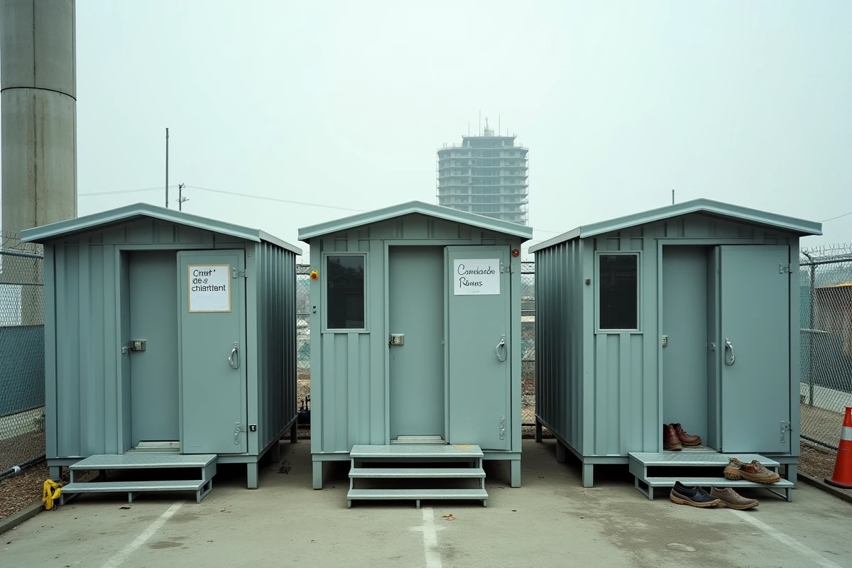 Rangée de bungalows de chantier alignés sur un site de construction urbain avec signalétique professionnelle BTP