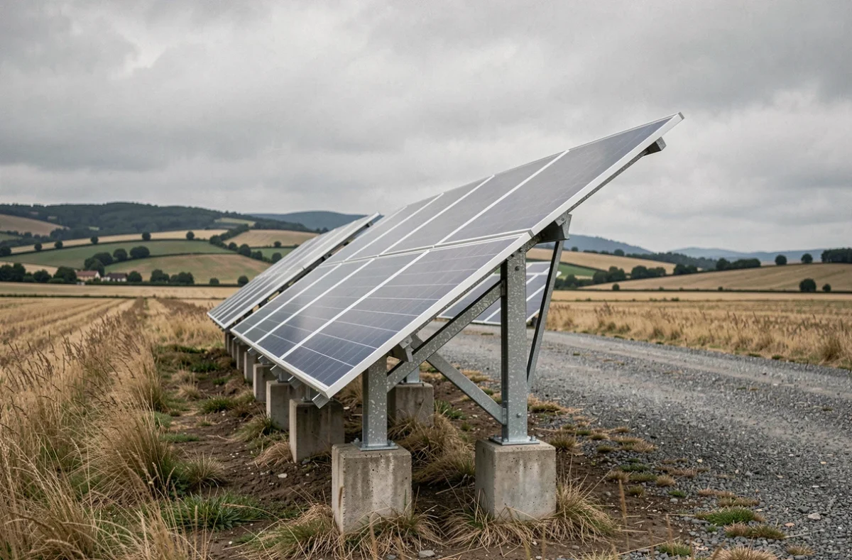 Rangée de panneaux solaires au sol dans un champ rural avec structure en acier galvanisé