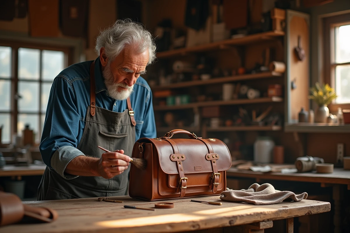 Homme réparant un sac en cuir vintage dans un atelier