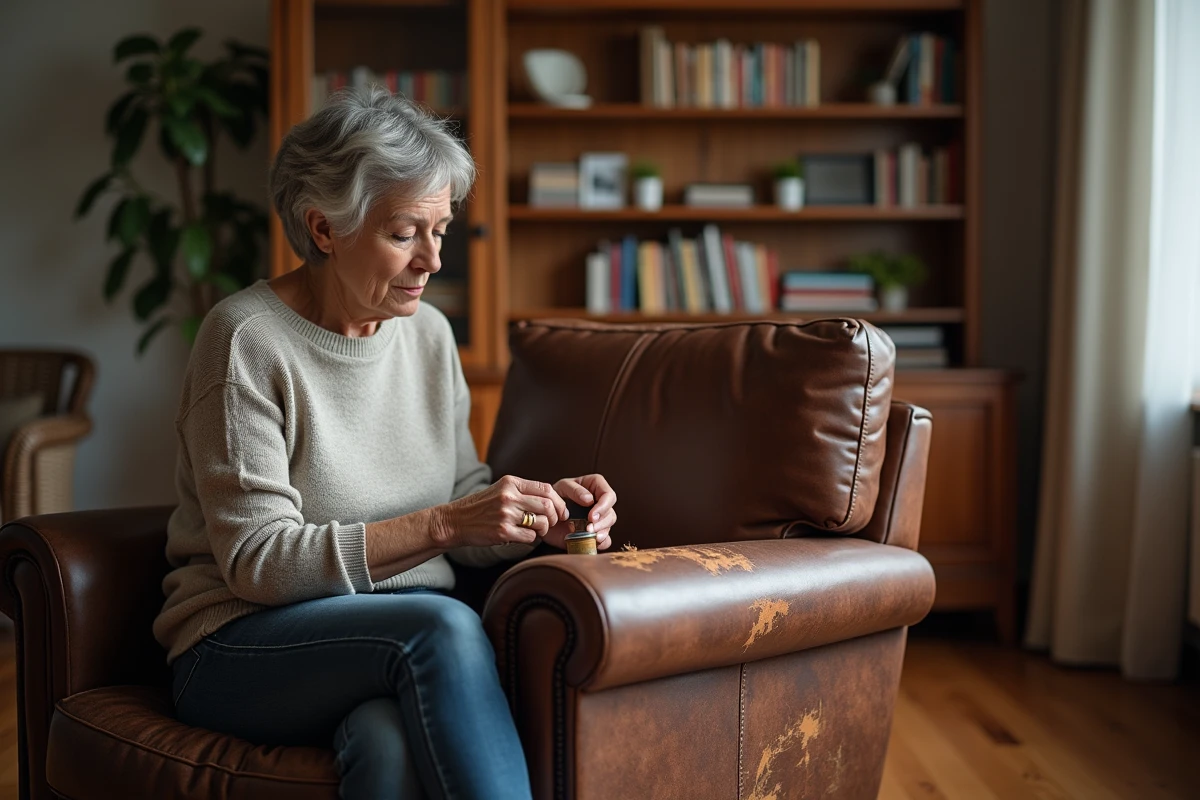 Femme appliquant de la peinture sur un fauteuil en cuir marron