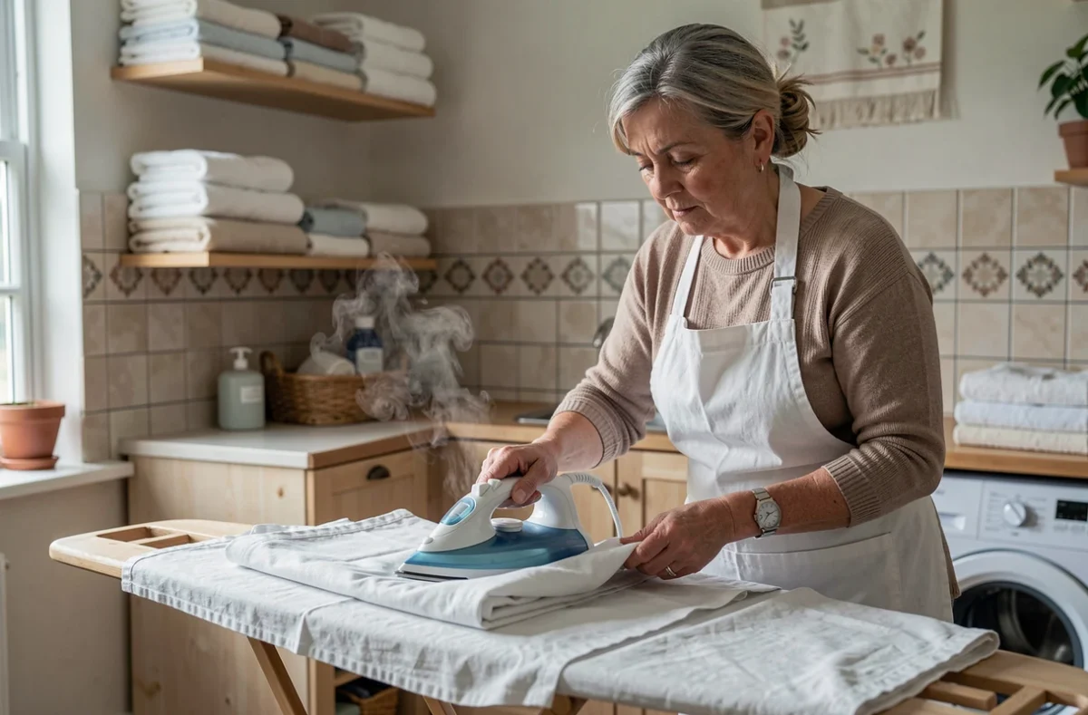 Prestataire de service à domicile repassant du linge dans une maison de Douai