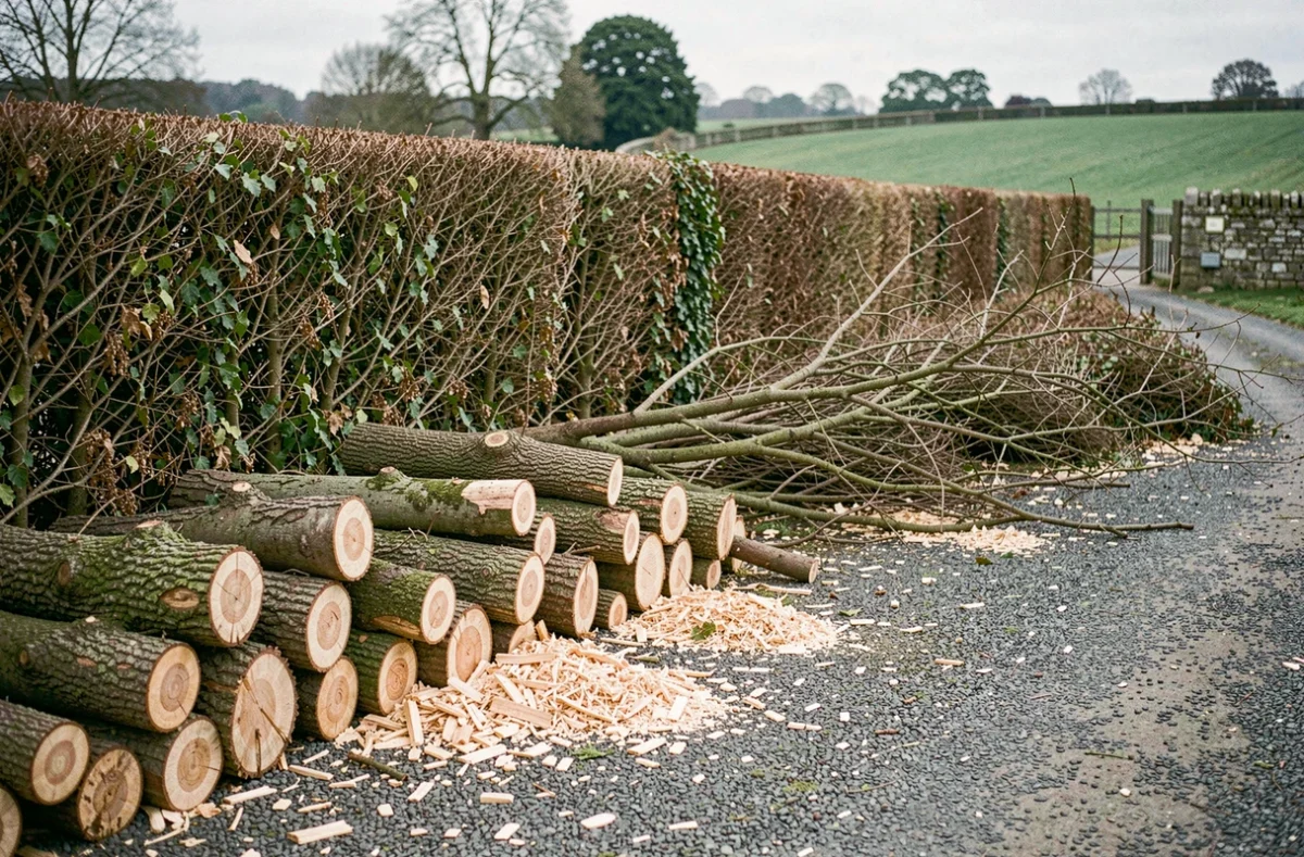 Résultat d'un abattage de haie en milieu rural avec branches coupées empilées et souches visibles au sol