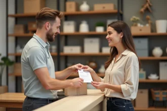 Cliente remettant un bon de retrait à un employé au comptoir de retrait marchandises Alinea