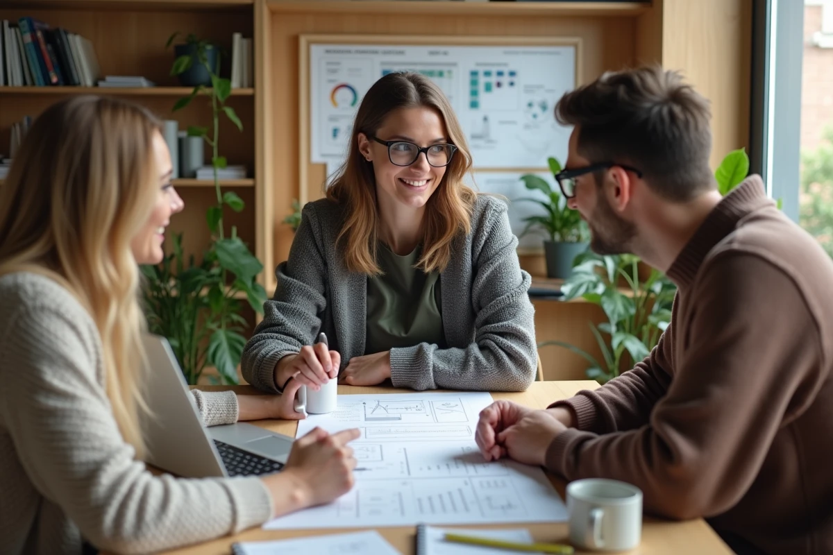 Jeune femme gestionnaire rencontrant un couple dans bureau lumineux