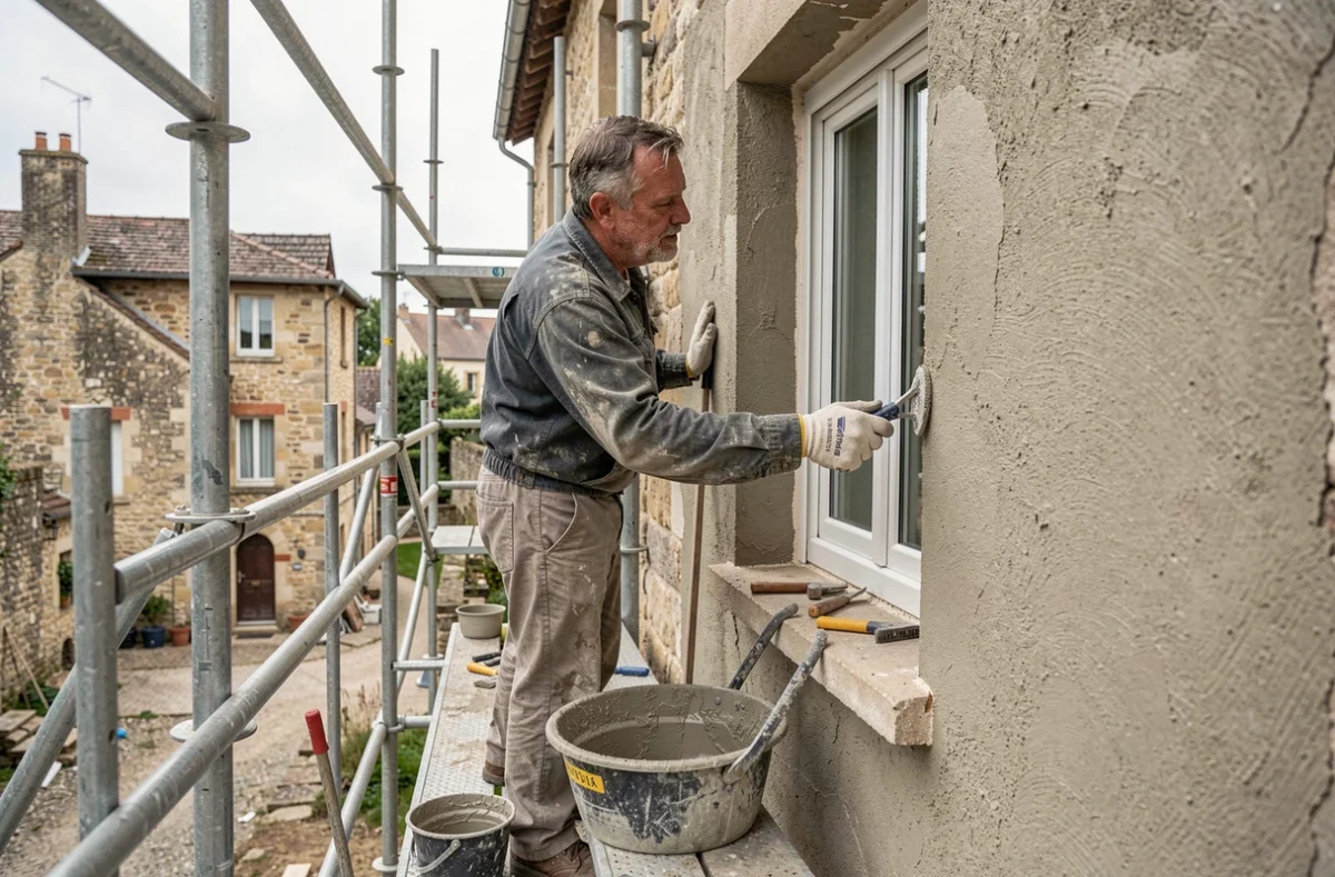 Spécialiste de RPGP Facades appliquant un enduit sur la façade d'une maison dans la Loire