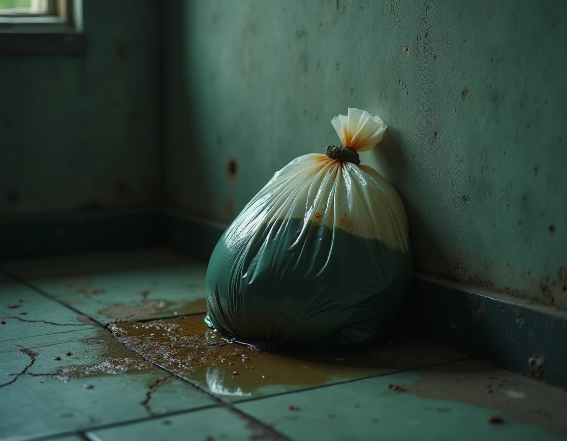 Sac de compost abandonné dans un coin humide de la maison, source d'attraction pour les larves de mouche