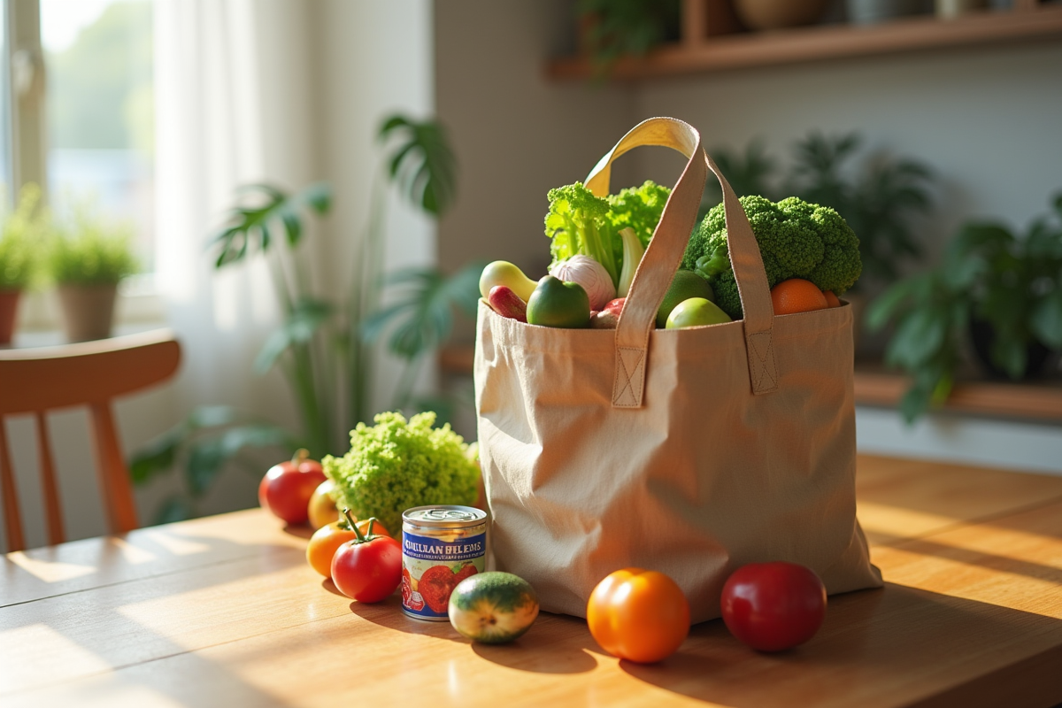 Sac de courses réutilisable avec aliments courants sur une table en lumière douce