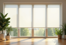 Salon moderne avec volets thermaux blancs et lumière naturelle