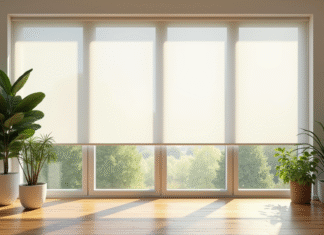 Salon moderne avec volets thermaux blancs et lumière naturelle