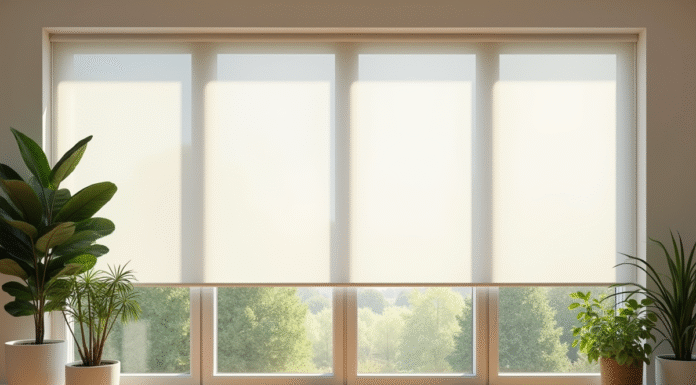 Salon moderne avec volets thermaux blancs et lumière naturelle