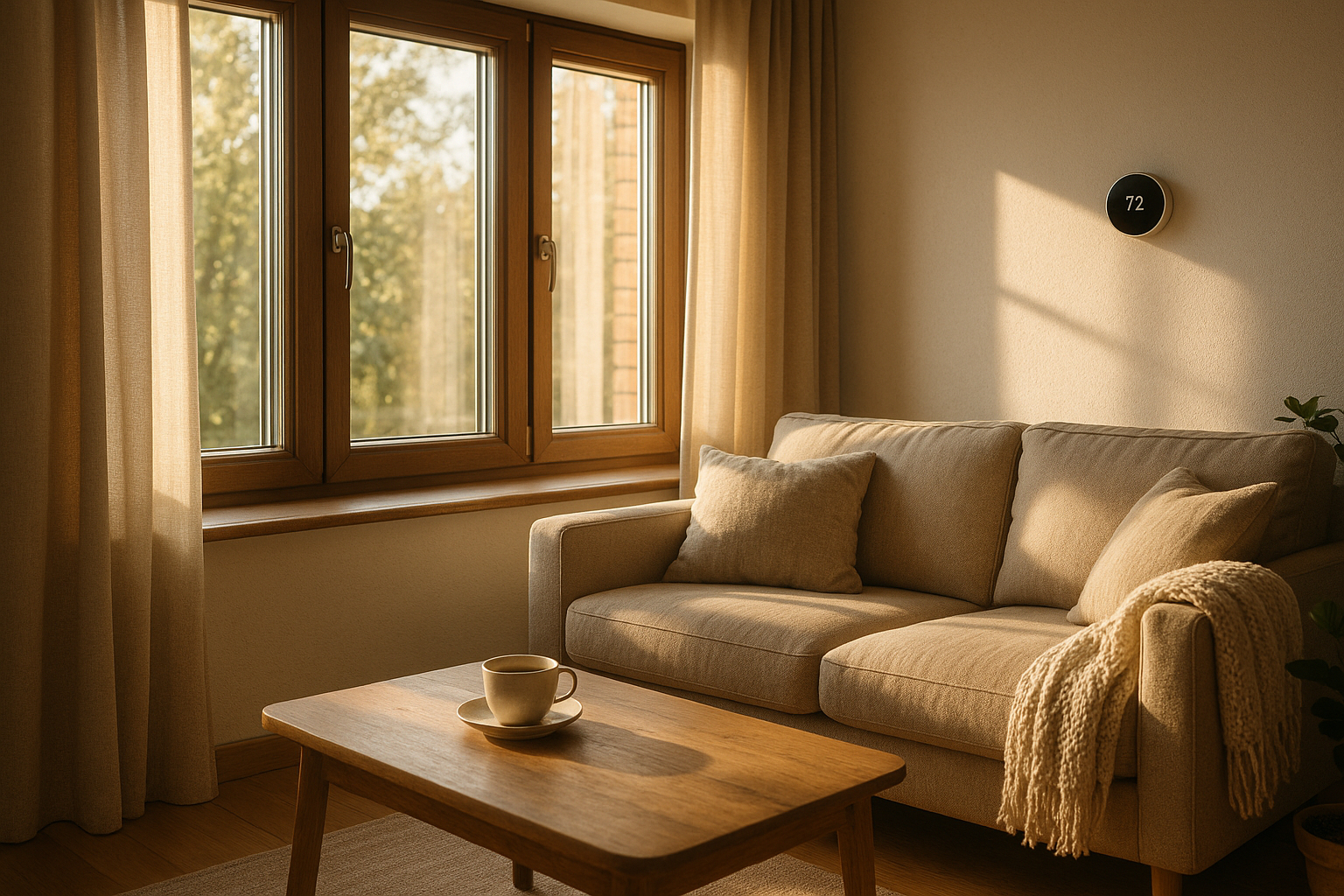 Intérieur cosy avec fenêtres triples vitrage et thermostat intelligent