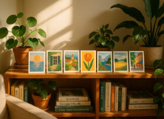 Cartes postales : ces petits formats qui changent toute l’ambiance d’un intérieur Salon chaleureux avec étagère de cartes postales colorées