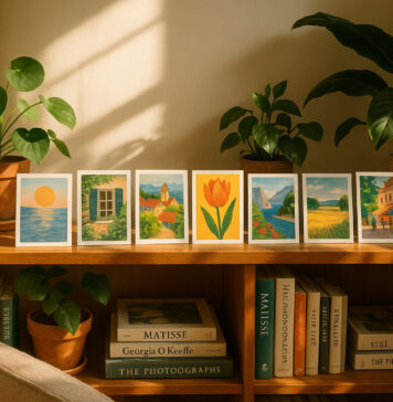 Cartes postales : ces petits formats qui changent toute l’ambiance d’un intérieur Salon chaleureux avec étagère de cartes postales colorées