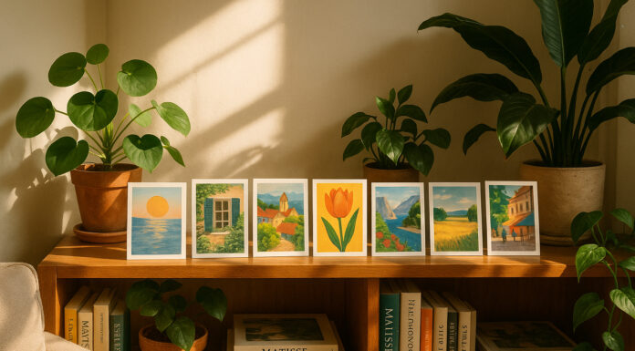 Salon chaleureux avec étagère de cartes postales colorées