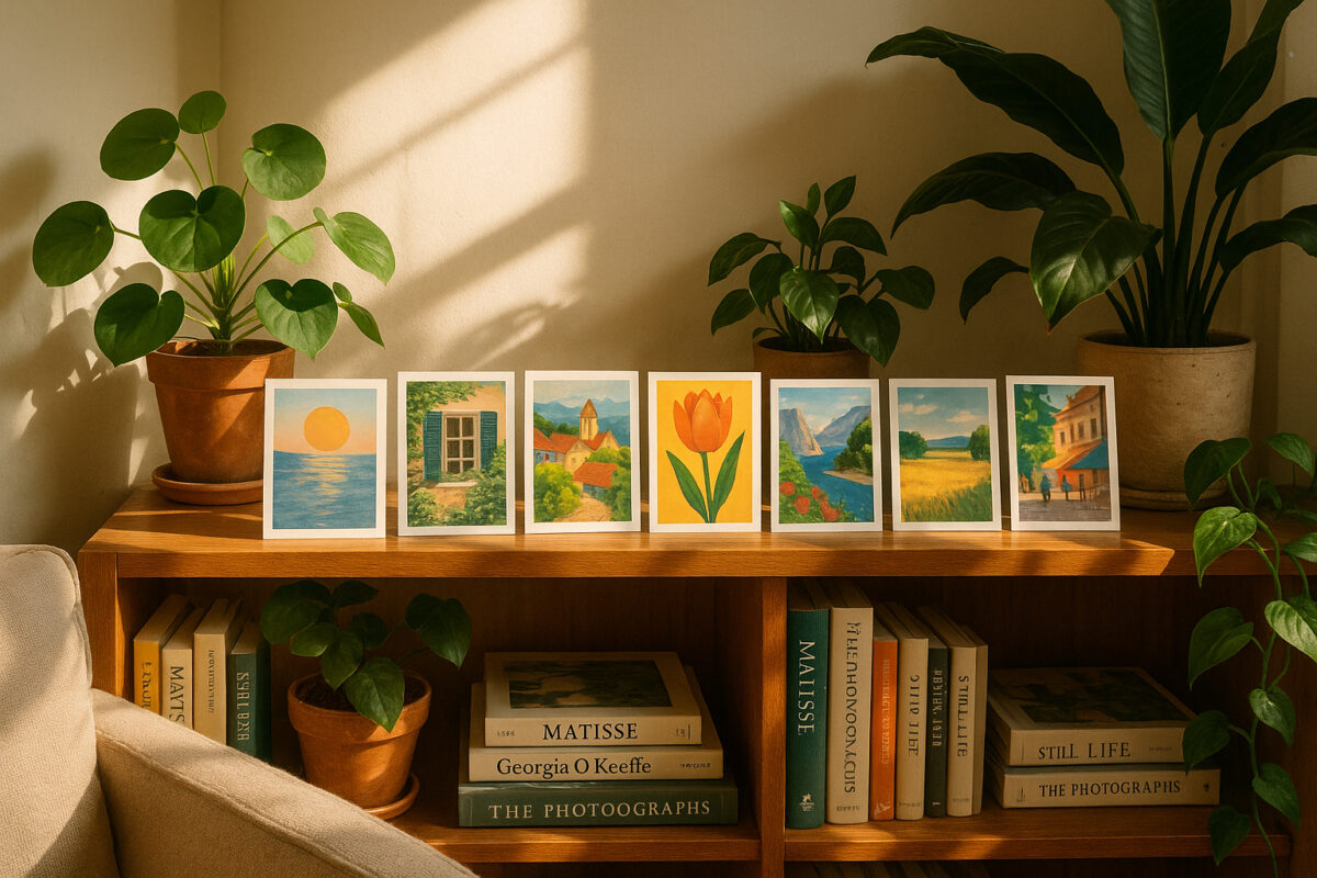 Salon chaleureux avec étagère de cartes postales colorées